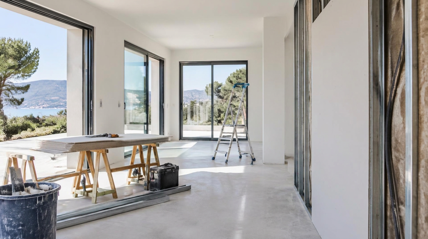 Intérieur lumineux en rénovation avec cloisons en plaques de plâtre et grandes ouvertures sur la mer